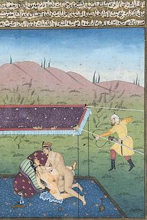 4 offenbar persischen Handschriften entnommene Blatt mit erotisierenden Miniaturdarstellungen. (Um 1900). Maße ca. 7 x 13,5 
