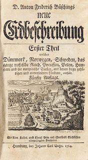 Buesching, Anton Friedrich
Neue Erdbeschreibung. Bd. 1. von 13. Mit Holzschnitt-Vignetten. Hamburg, Bohn, 1764. 9 Bll., 1439 