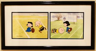Charles Schulz "Charlie Brown and Lucy Classic Football" Hand Signed Color Model/Publicity Cels. Animazing Gallery COA.