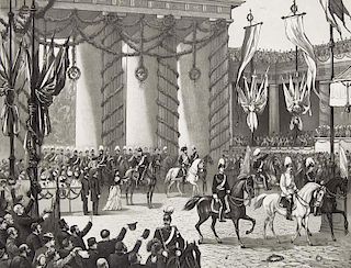 2 Graphiken mit Darstellungen des Einzugs der preußischen Armee in Berlin durch das Brandenburger Tor. Jeweils am oberen Bla
