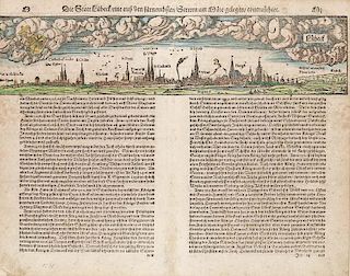 Die Statt Luebeck ... Kol. Holzstichansicht aus Sebastian Muensters "Cosmographia" (dt. Ausgabe). Basel, 1578. Ca. 9 x 39 cm 