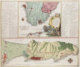 Castellum Gibraltar in Andalusia situm cum celebri Freto inter Europam et Africam. Kol. Kupferstichkarte von Tobias Conrad Lo