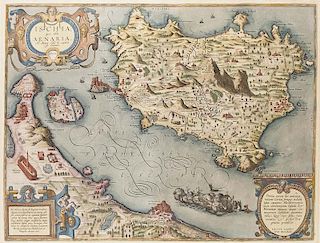 Ischia quae olim Aenaria. Kolorierte Kupferstichkarte aus Ortelius nach J. Jasolinus. Antwerpen, dat. 1590. Plattenmaße ca. 