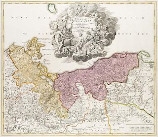 Ducatus Pomeraniae novissima tabula. Teilkol. Kupferstichkarte. Nuernberg, Homann, 1712. Plattenmaße ca. 50 x 58 cm (51,7 x 