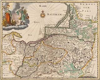 Prussiae Nova Tabula. Grenzkol. Kupferstichkarte aus P. Cluver: Introductio in omem geographiam ... Wolfenbuettel, um 1690. P