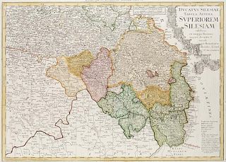 Ducatus Silesiae tabula altera Superiorem Silesiam. Teilkolorierte Kupferstichkarte. Nuernberg, Homanns Erben, dat. 1746. Pla