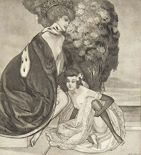 2 erotische Aquatinten von Franz von Bayros. Aus der Folge "Bilder aus dem Boudoir der Madame C.C." Um 1912. Jew. in der Plat