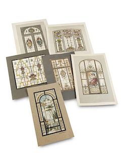 Sammlung von 50 Original-Entwurfszeichnungen fuer Wanddekorationen und Buntglasfenster. Um 1900. Verschiedene Zeichen- und Mi