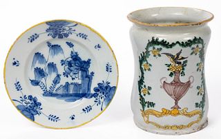 DUTCH DELFT HAND-PAINTED TIN-GLAZED EARTHENWARE ARTICLES, LOT OF TWO