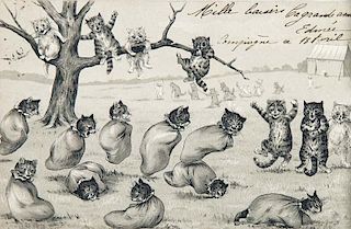 Sammlung von 8 Postkarten mit Katzen- und Affenillustrationen. Deutschland/Frankreich, Anfang 20. Jh. Lithographien mit Blind