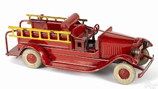 Kingsbury pressed steel clockwork chemical fire truck with rubber tires, 14'' l.