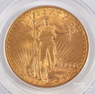 1908 St Gaudens twenty dollar gold coin, no motto