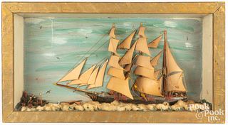 Painted model ship in shadowbox, late 19th c.