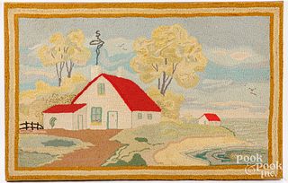 Hooked rug with house, early/mid 20th c.
