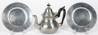 English pewter teapot, ca. 1800, with two plates