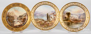Three hand painted cabinet plates with landscapes