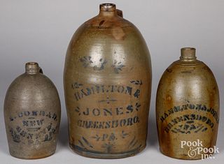 Three Western Pennsylvania stoneware jugs, 19th c.