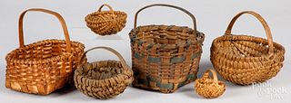 Six small and miniature splint gathering baskets