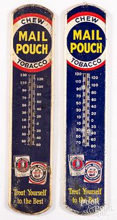 Two Mail Pouch Tobacco advertising thermometers