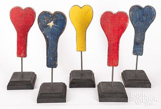 Five painted pine heart form carnival targets