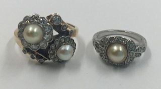 JEWELRY. Platinum and Pearl Ring Grouping.