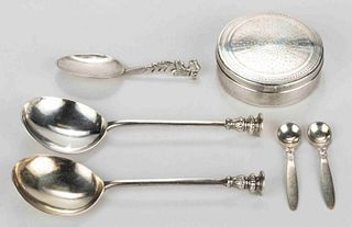 GEORG JENSEN STERLING AND OTHER FOREIGN SILVER SPOONS AND BOX, LOT OF SIX