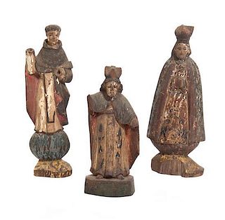 Three Santos Figures, Probably Spanish, Height of tallest 13 1/4 inches.