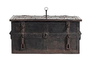 A German Iron Strongbox, Height 14 x width 28 1/2 x depth 15 inches.