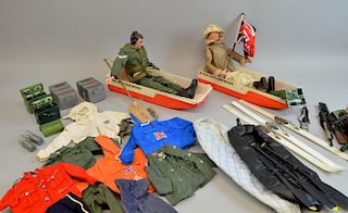 Action man figure with mine detector, another with bush hat and a quantity of clothes and accessories,.