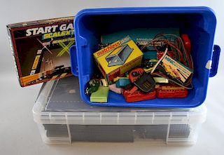 Boxed Scalextric and Minic racing track with cars and accessories,