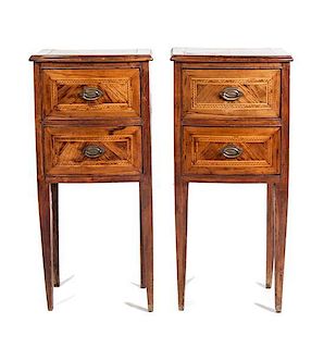 A Pair of Louis XVI Style Marquetry Inlaid Bow-Front Bedside Cabinets, Height 32 x width 15 x depth 13 inches.
