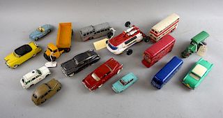 Collection of unboxed play worn die-cast vehicles including Dinky Toys Sunbeam Alpine (no.107), Observation Coach (no.29f), R
