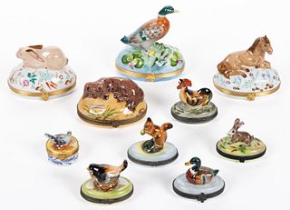 FRENCH LIMOGES PORCELAIN FIGURAL ANIMAL BOXES, LOT OF TEN