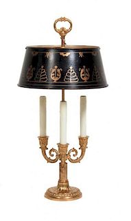 An Empire Style Gilt Metal Three-Light Bouillotte Lamp, Height 26 inches.