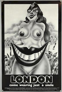 Alan Aldridge (b. 1943) Vintage poster, 'London Come Wearing Just A Smile', black & white poster by Canned London, designed b