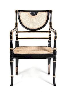 Two Regency Style Black Lacquered Cane Upholstered Armchairs, Height 35 x width 22 3/4 x depth 19 1/4 inches.