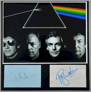 Pink Floyd - Dave Gilmour and Roger Waters autographs, the Dave Gilmour signed in black ink on blue paper, the Roger Waters s