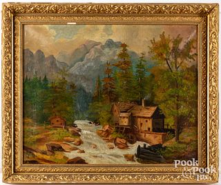 Oil on canvas landscape with mill, 19th c.