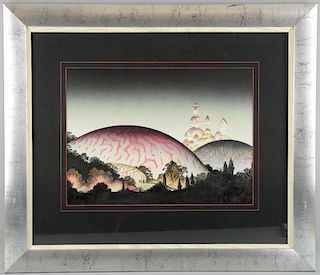 ﾧ Roger Dean (b. 1944) - Domes at Night, mixed media on board, this original artwork was used as the album cover for the Ur