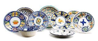 A Collection of Nine Continental Majolica Plates, Diameter of largest 16 inches.