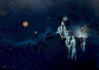 ﾧ Roger Dean (b. 1944) - Demons and Wizards, mixed media on board, this original artwork was used as the album cover for th