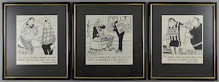 Roy Ullyett (1914-2001) Three original pen drawings of comical scenes for the Daily Express, framed, each approx 8 x 9 inches