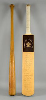 Surrey County Cricket bat signed by 22 including Alec Stewart, Graham Thorpe & others, & a Grand Slam wooden baseball bat (2)