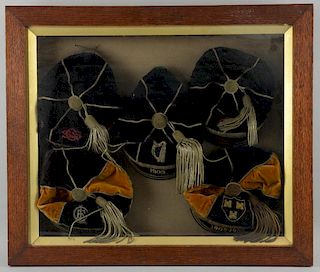 Rugby Memorabilia - Five velvet rugby caps, believed for Irish teams including Leinster, framed together, with small inscript