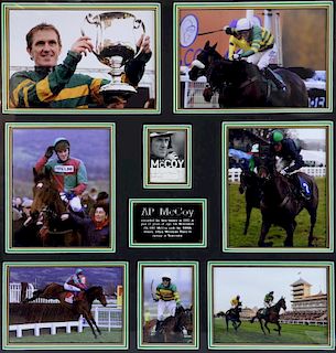 Horse Racing - A P McCoy signed card in a framed display, 30 x 29 inches