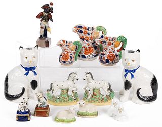 ASSORTED STAFFORDSHIRE-STYLE HAND-PAINTED CERAMIC FIGURES, LOT OF 11