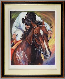 Horse Racing: Jacquie Jones limited edition print, featuring horse and rider, number 34/500, framed and mounted, 24 x 28.5 in