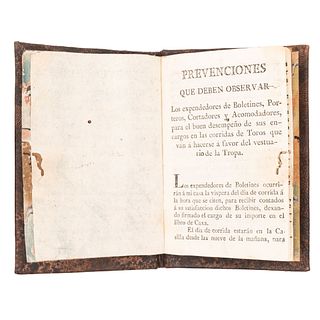 Gutiérrez del Mazo, Ramón. Prevenciones que Deben Observar... en las Corridas de Toros en Favor del Vestuario de la Tropa. Mexico, 1815