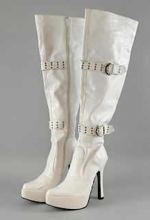 Goal III (2009) pair of white knee high boots worn by one of the glamour girls, in original box with name (Fran Geoghegan, Si
