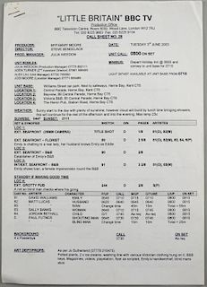 BBC TV Show Little Britain - Eight page call sheet  for the filming 3rd & 4th of June 2003 for the location sheet at Herne Ba
